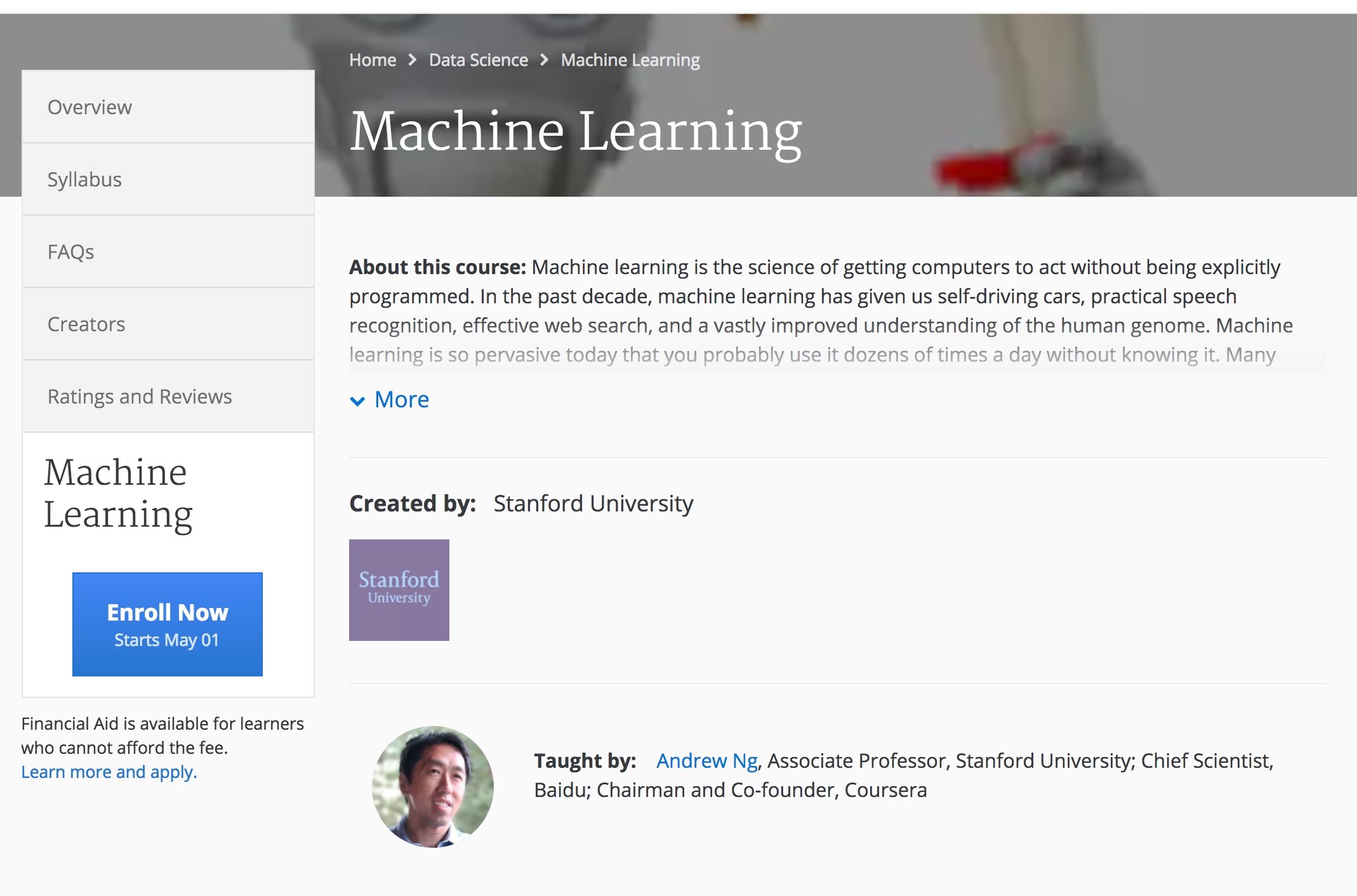 Coursera machine best sale learning stanford university